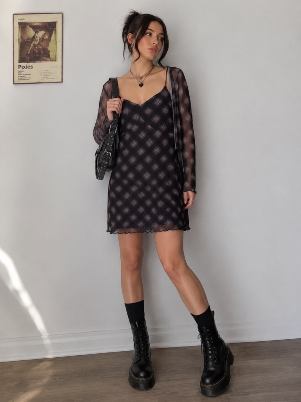 Hollister Y2K Whimsigoth Mesh Plaid Babydoll Dress & Shrug Set Grunge Coquette L